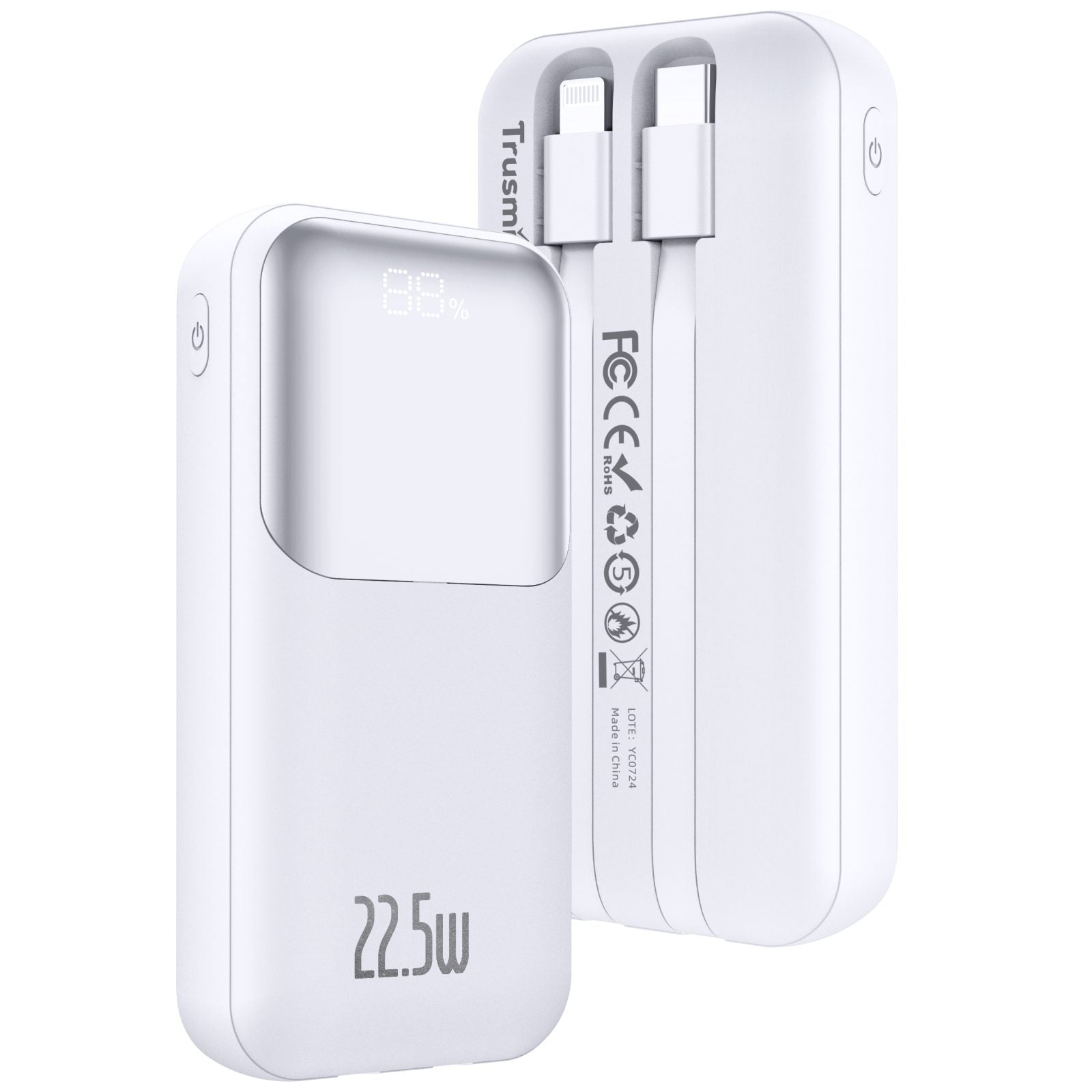 TRUSMI PD22.5W Ultra MINI DIGITAL With L+C Cable POWER BANK 10000mAh White