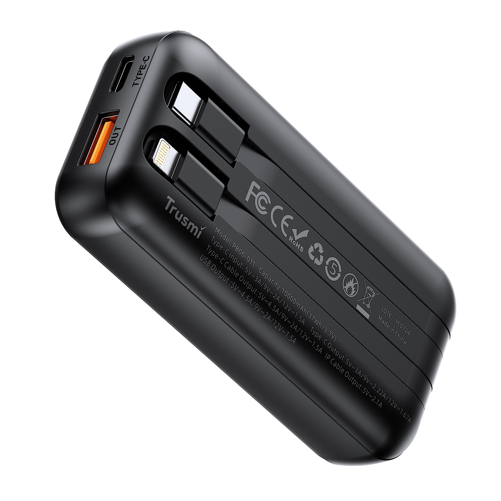 TRUSMI PD22.5W Ultra MINI DIGITAL With L+C Cable POWER BANK 10000mAh Black