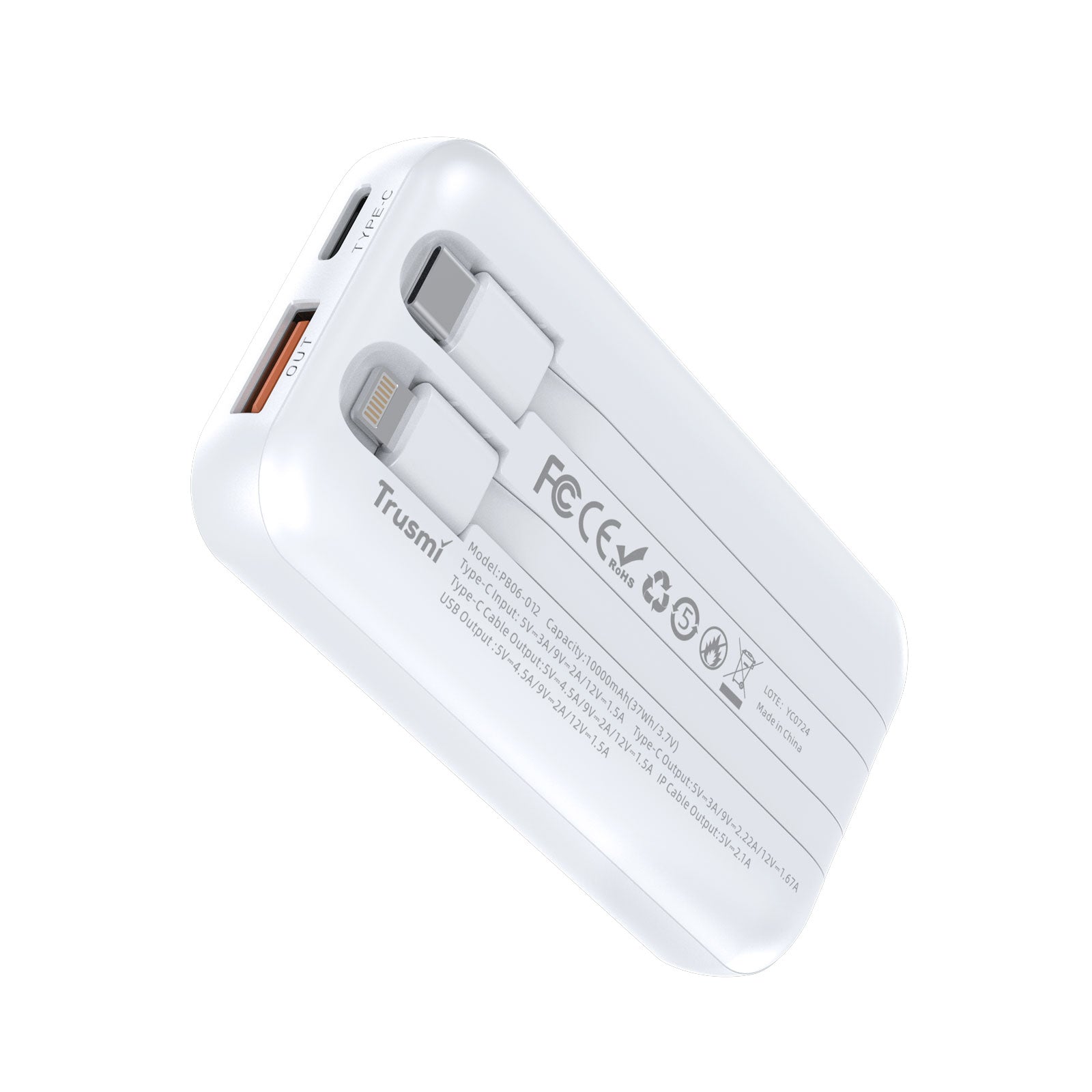 TRUSMI PD22.5W Ultra MINI DIGITAL With L+C Cable POWER BANK 10000mAh White