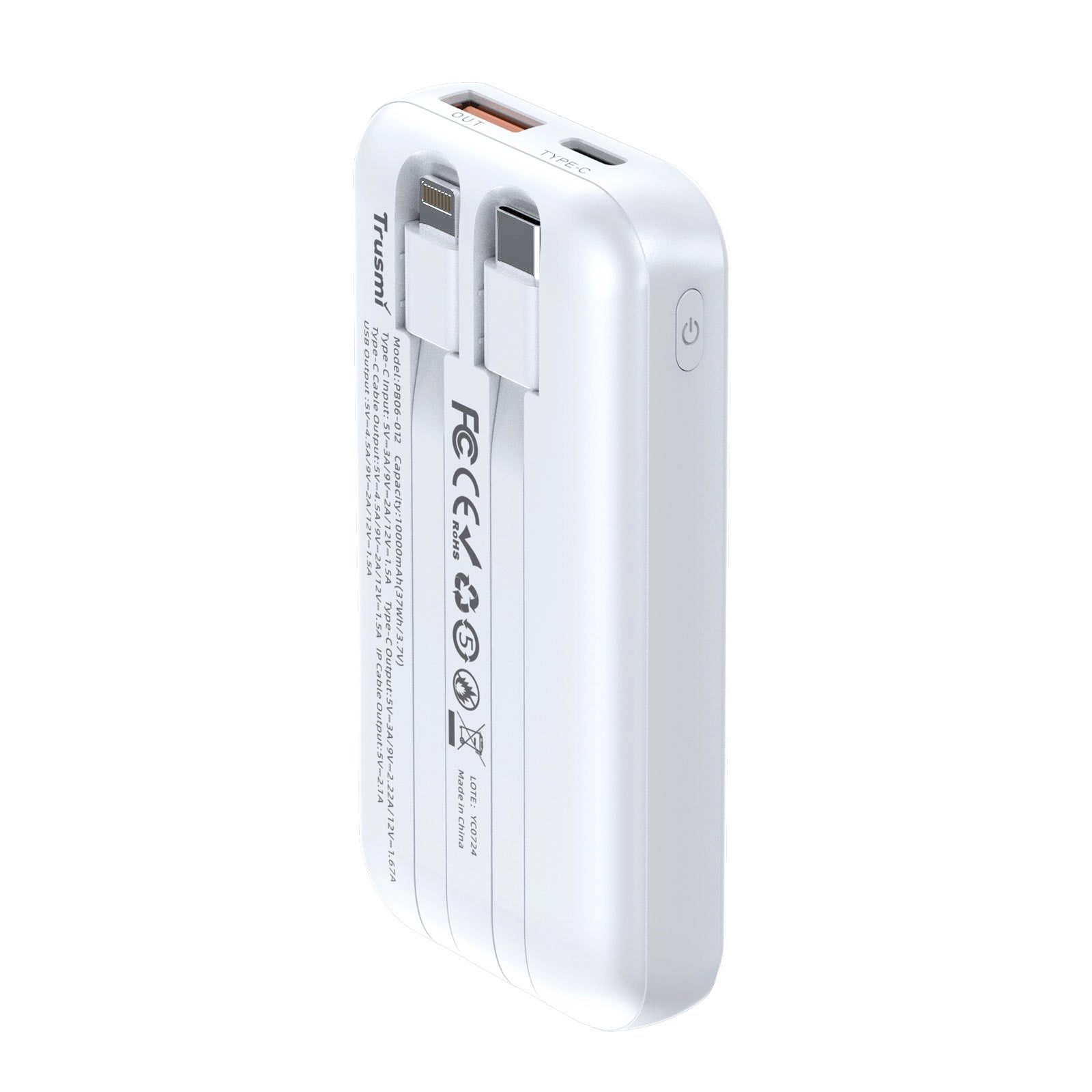 TRUSMI PD22.5W Ultra MINI DIGITAL With L+C Cable POWER BANK 10000mAh White