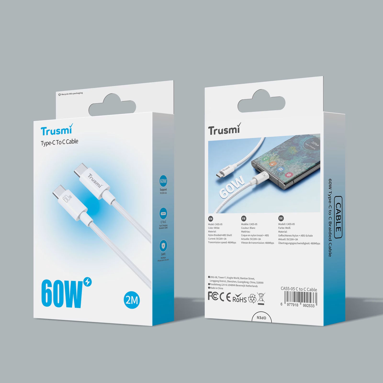 TRUSMI 60W C To C Braided Charging Cable White 2M