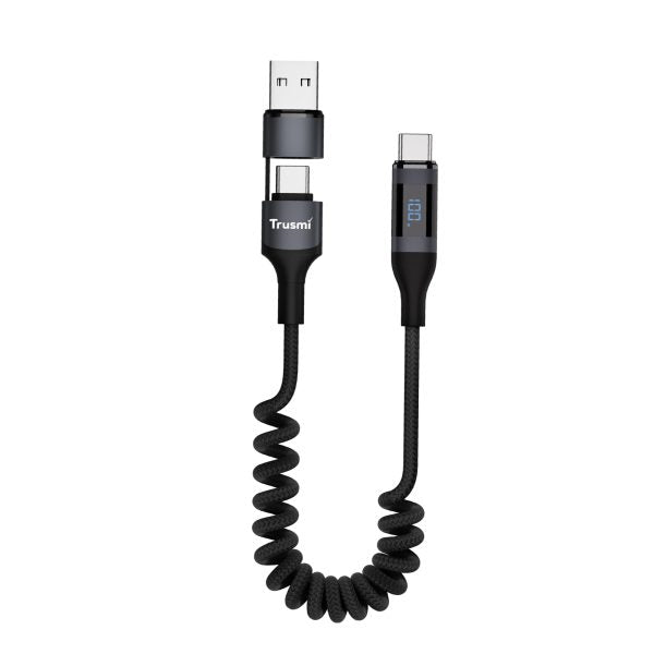 TRUSMI 100W USB-A/C To C Car Spring Charging Cable with Digital Display 1.5M Black Support C...