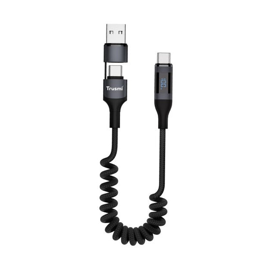 TRUSMI 100W USB-A/C To C Car Spring Charging Cable with Digital Display 1.5M Black Support C...