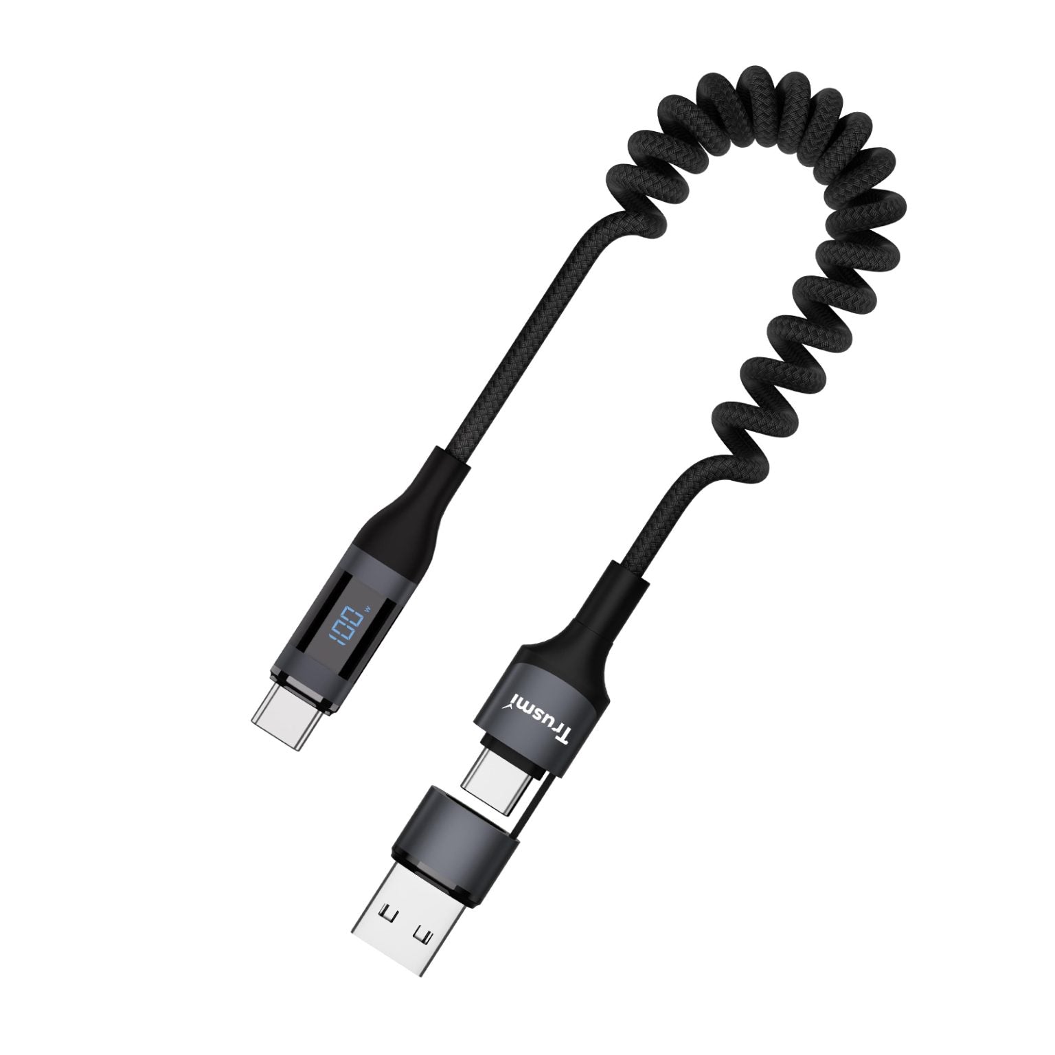 TRUSMI 100W USB-A/C To C Car Spring Charging Cable with Digital Display 1.5M Black Support C...
