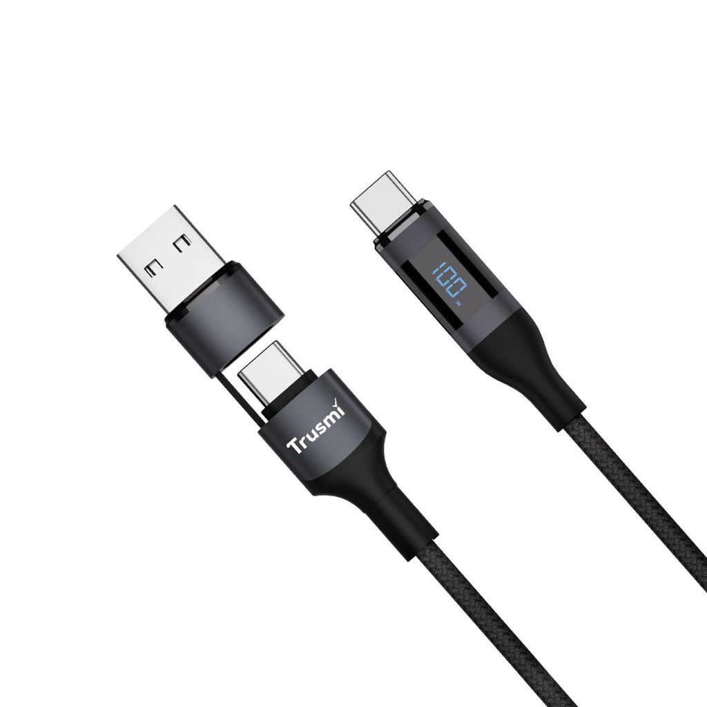 TRUSMI 100W USB-A/C To C Car Spring Charging Cable with Digital Display 1.5M Black Support C...