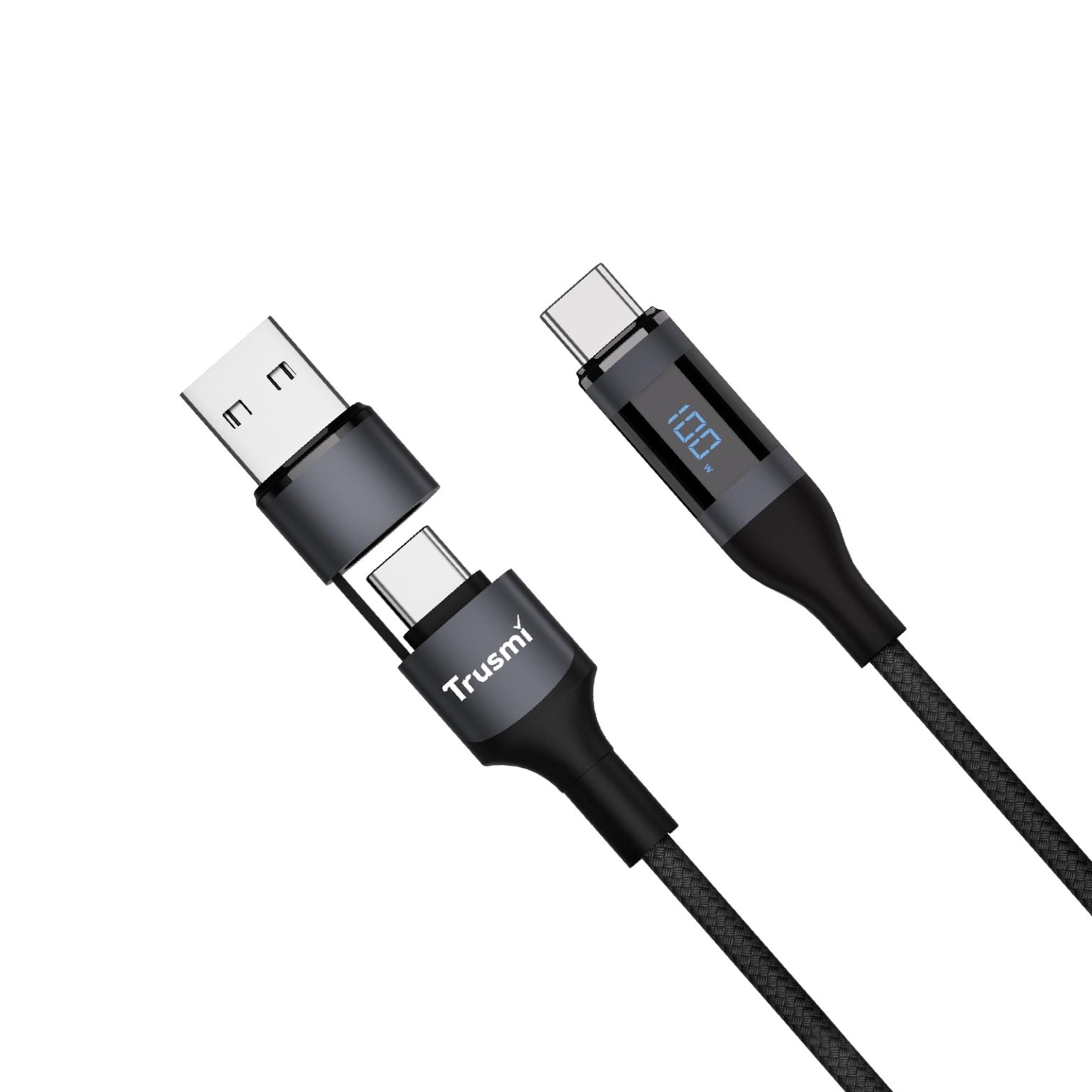 TRUSMI 100W USB-A/C To C Car Spring Charging Cable with Digital Display 1.5M Black Support C...