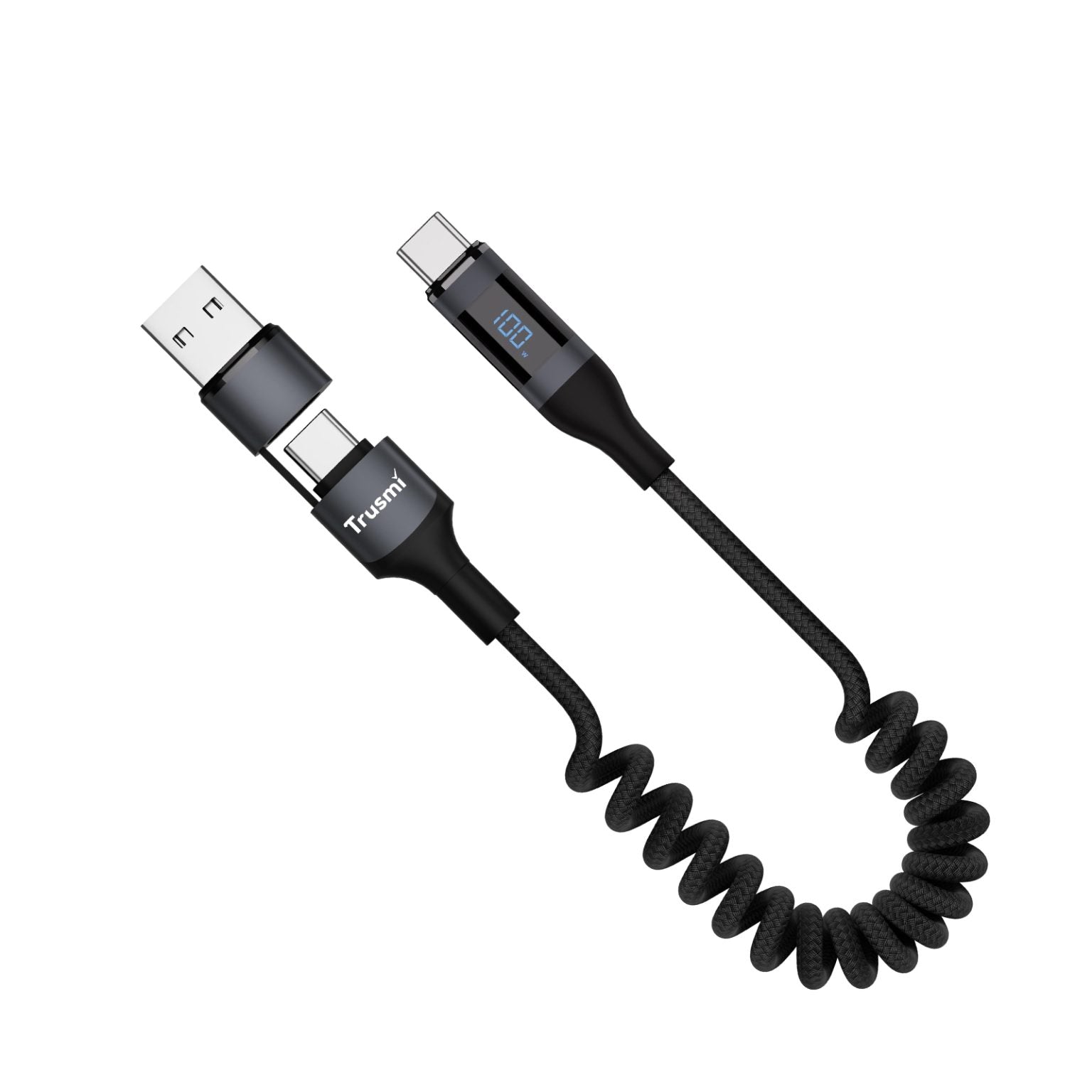 TRUSMI 100W USB-A/C To C Car Spring Charging Cable with Digital Display 1.5M Black Support C...