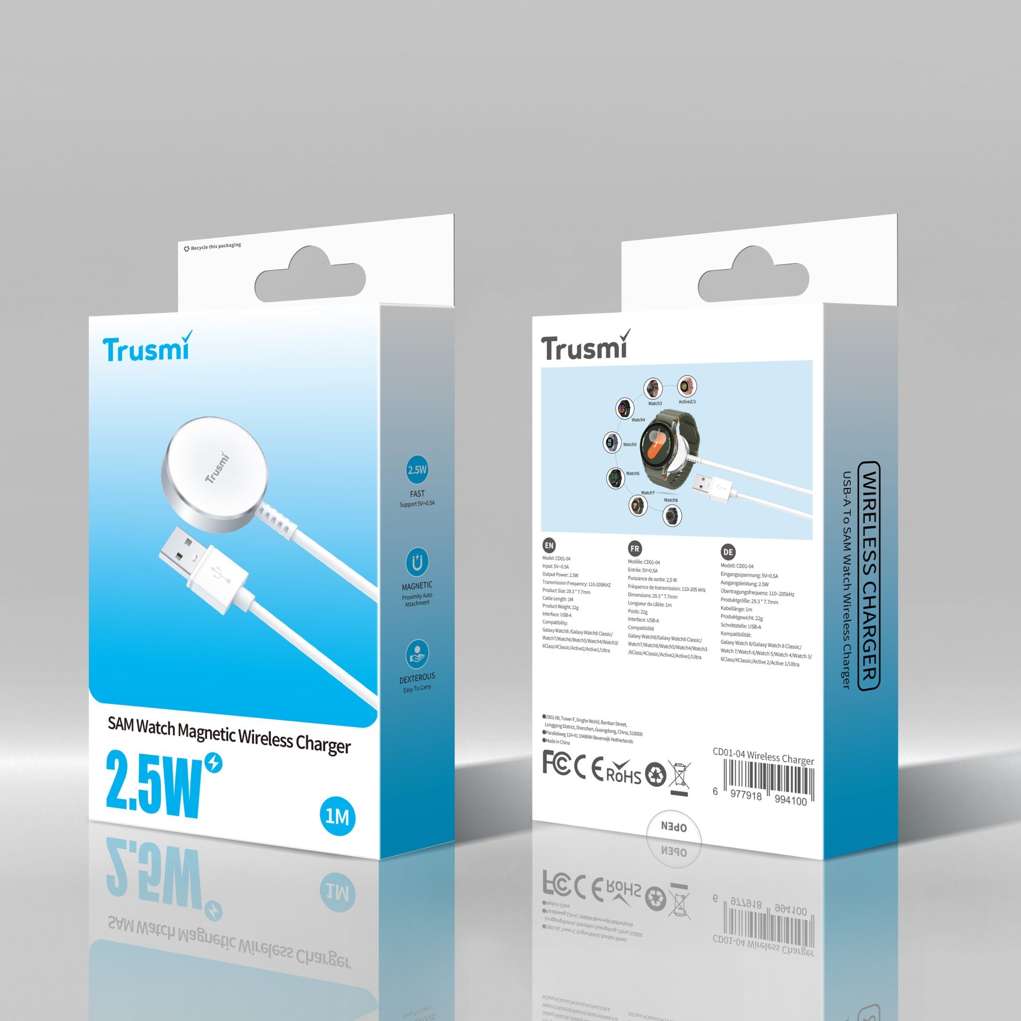 TRUSMI SAM 2.5W USB-A Magnetic Wireless Charger for Watch White 1M