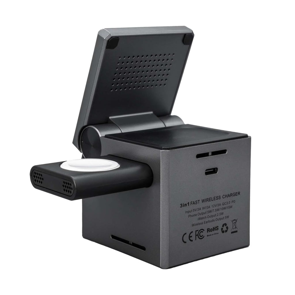 TRUSMI Qi2 3-in-1 Cube Wireless Charging Station Gray