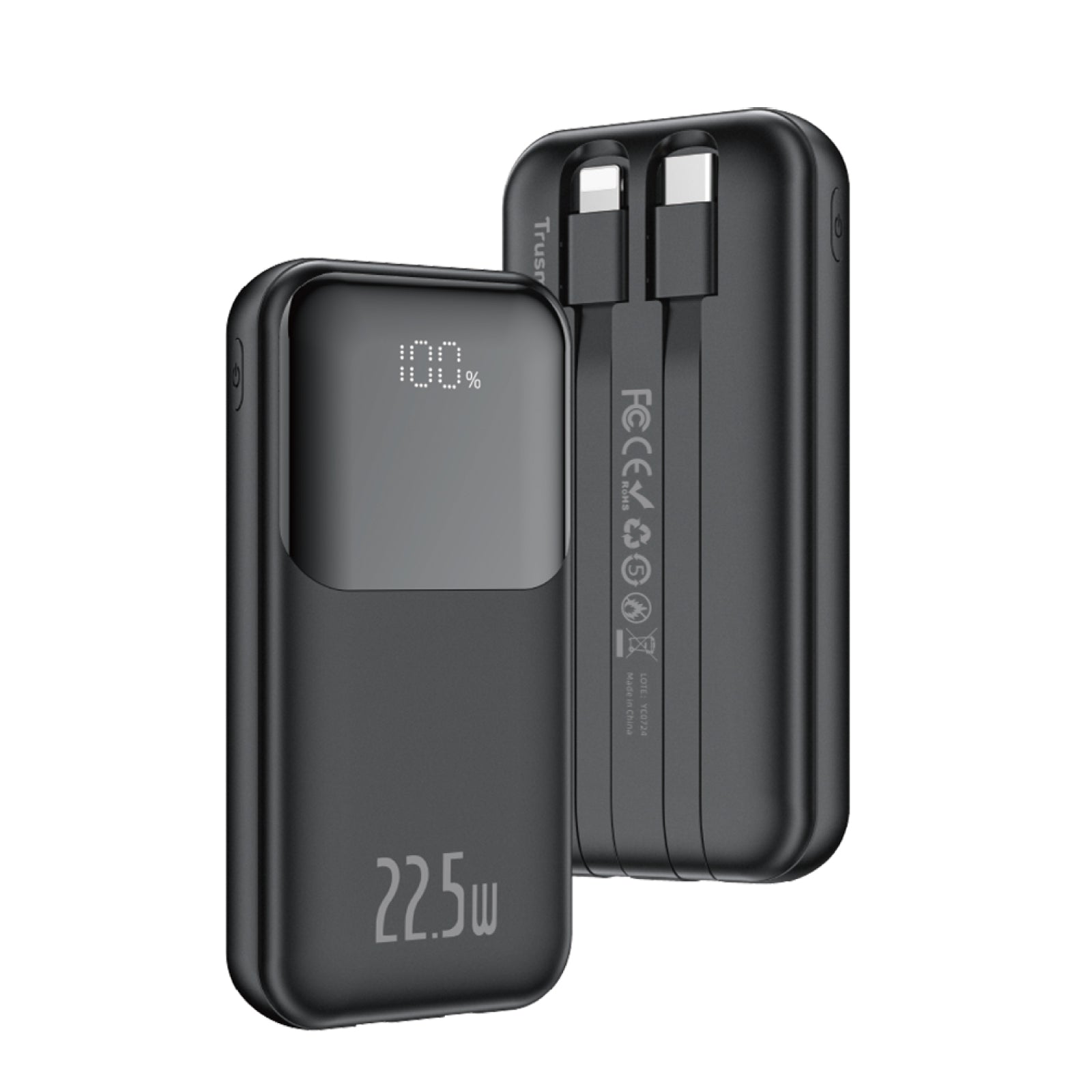TRUSMI PD22.5W Ultra MINI DIGITAL With L+C Cable POWER BANK 10000mAh Black