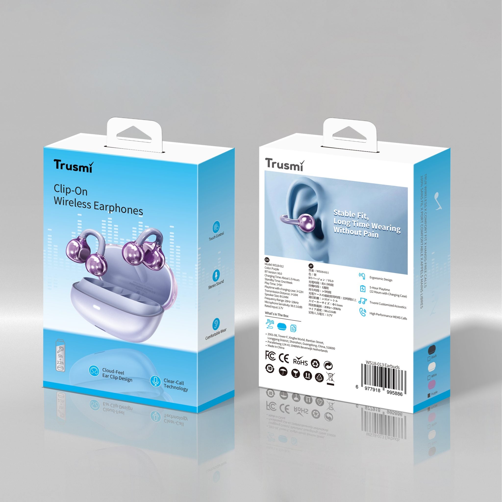 TRUSMI 10W OWS Clip-On Wireless Earphone Purple